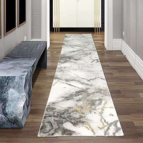Merinos Teppich Wohnzimmer Design Teppich Marmor Optik mit Glanzfasern in Grau Gold Größe 80 x 300 cm