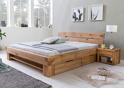 Schubladenbett Tamme Wildeiche geölt Nachttisch und Größe nach Wahl Massivholzbett Balkenbett Stauraumbett, Liegefläche:180 x 200 cm, Anzahl Bettschubkästen:Bett + 2x Nako inkl. 2x 2 Bettschubkästen