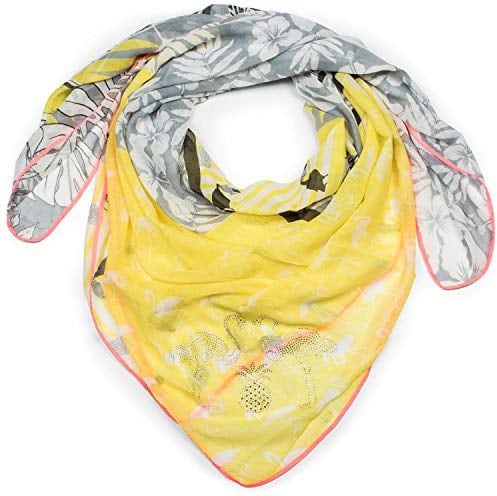 styleBREAKER Damen XXL Dreieckstuch mit Flamingo, Blumen, Palmen und Papageien Aufdruck und Strass Applikation, Schal, Tuch 01016179, Farbe:Gelb-Grau