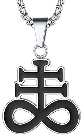 FaithHeart Silber Satanic Leviathan-Kreuz-Schwefel-Symbol-Halskette aus Edelstahl mit rundem Anhänger Medaillon Silber für Damen und Herren