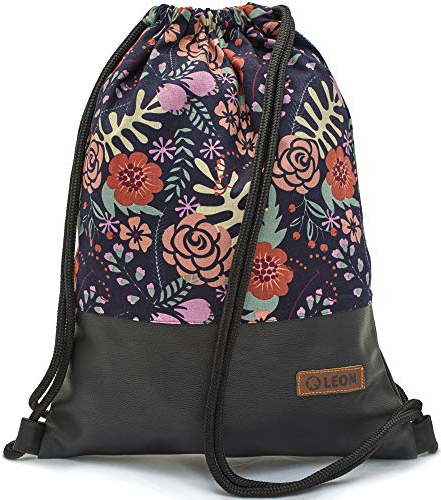 By Bers Leon großer Premium Turnbeutel mit Innentaschen Rucksack Tasche Damen Herren Teenager Gym Bag Draw String 45x34cm für Sport Reise Alltag Einkauf (Farn_schwarzPU)