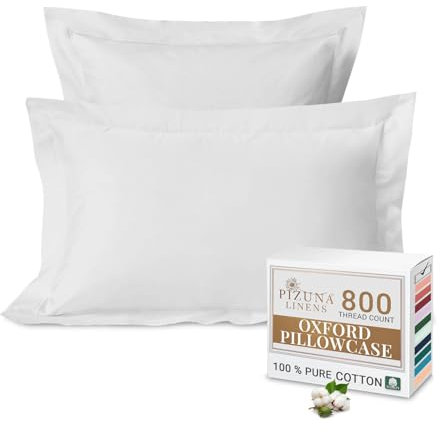Pizuna Luxurious Cotton Standard Pillowcases 2 Pack White 50x75cm, 800 Thread Count Long Staple Combed Cotton Pillow Cover, Crisp Sateen Weave Oxford Pillow Cases (Luxury Pillowcase 2 PC)
