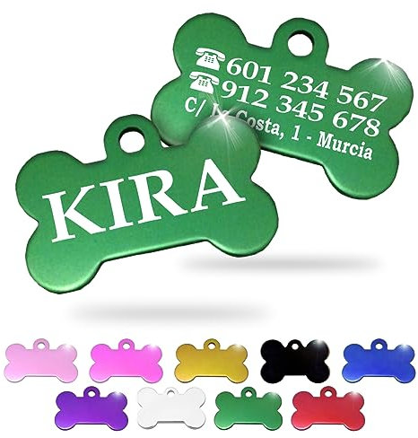 Ibera Gifts - Chapa Perro Grabada en Forma de Hueso, Placa Perro Personalizada para Perros y Gatos Pequeños y Medianos, Tamaño 30 x 20 mm, Chapa Identificativa Perro y Gato (Verde)