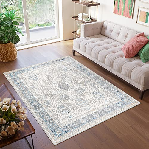 TAPISO Valley Teppich Kurzflor Weiß Beige Grau Blau Rahmen Vintage Ornamental Used Effekt Meliert Verwischt Wohnzimmer Schlafzimmer ÖKO-TEX 120 x 170 cm
