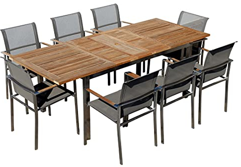 ALEOS. Gartengarnitur Edelstahl Batyline A-Grade Teak Holz Set Ausziehtisch 160-220 x 90 cm + 8 Sessel mit Batyline Bespannung Serie Kuba-BRAUN Gastroqualität