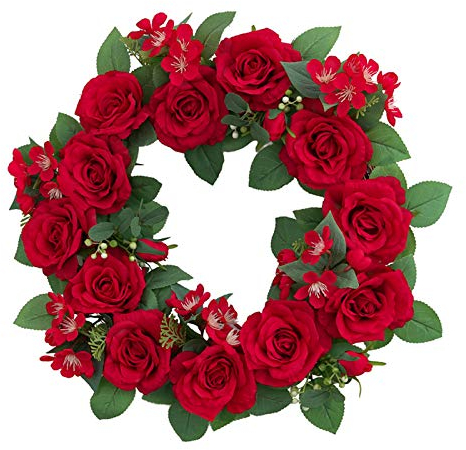 SMLJFO Künstlicher Rosenblumenkranz, Türkranz, künstliche Seidenrosen, Sommerkranz, Rosen, Kunstblumen, Bauernhaus-Kranz für Innen- und Außenbereich, Wanddekoration (42 cm), Rot