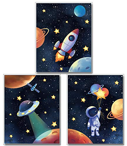 MWOOT 3 Stück Kinderzimmer Deko Poster, 30X40CM Wanddeko Bilder Groß, Weltraum Wandbilder für Babyzimmer Dekoration, Junge Schlafzimmer Leinwand Druckbilder ohne Rahmen, Zimmer Deko Zubehör - B Motiv