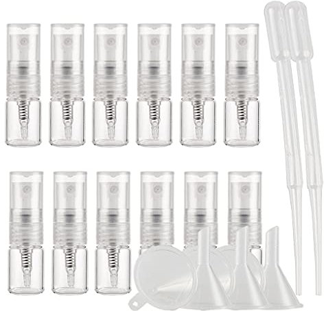 TIANZD Pack of 50 Empty 2ml Clear Transparent Glass Fine Mist Pump Spray Bottles Travel Mini Portable Spray Perfume Cosmetic Containers Sample Vials Refillable with Funnel and Dropper
