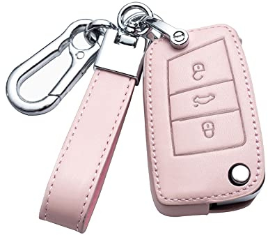 HIBEYO Autoschlüssel Hülle passt für VW Schutzhülle Schlüsselhülle Rindsleder Cover Klappschlüssel für VW Caddy Passat MK4 Skoda Karoq Seat Leon Fernbedienung Schlüsseletui Schlüsselbund-B Rosa