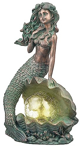 TERESA'S COLLECTIONS Gartenstatue Meerjungfrau Solar Harz Patina Bronze | Solar-Meerjungfrau-Statue mit einer Patina-Bronze, leuchtend, Outdoor-Harzdekoration für Garten, Hof, Terrasse