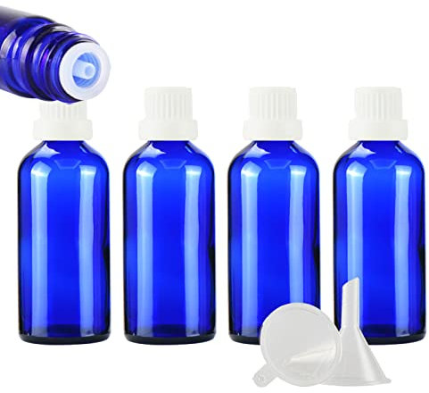 ZEOABSY 4 Pieces 100ml Blue Glass Dropper Bottle with White Tamper Evident Dripper Cap for Essential Oils Fragrances Aromatherapy Cosmetic Travel Bottles Vials