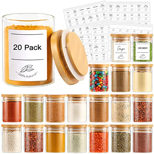 120 ml Glass Spice Jars with Bamboo Lids, 20 Pack 4 oz Clear Food Storage Containers with Wooden Airtight Lids, Glass Terrarium with Lid for Pantry Kitchen Sugar Salt Coffee Tea Beans.