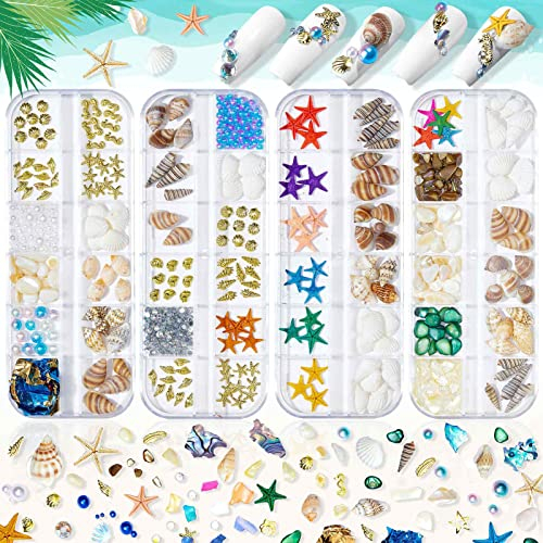 4 Kisten Ozean-Serie 3D Nagel Charms, 3D Nagel Kunst Dekorationen, 3D Nagel Rhinestones, Sommer Ozean Serie Nail Accessoires Shells Starfish Perlen Steine, etc. für Nagelkunst DIY