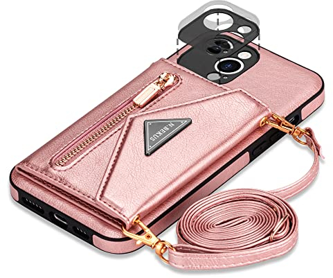 GUVAGI Handyhülle iPhone 11 Pro,iPhone 11 Pro Hülle mit Band Case Handykette, Leder Klapphülle Reißverschluss Stoßfest Schutzhülle Magnet Aesthetic Mädchen Handy Hülle mit Kette Umhängen (Rosa)