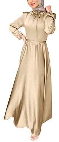 Briskorry Muslim Elegantes Schlichtes Kleid Damen Satin Muslimische Kleider mit Gürtel Einfarbig Frauen Dubai Kleidung Arabische Abaya Kleid Islamische Robe Lang