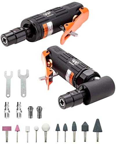 WorkPad 2PCS Ponceuse à tige pneumatique,Droit/coudé Kit d'affûtage d'outils pneumatique avec pinces de serrage 1/4 et 1/8 pouce pour mécaniciens automobiles, décorateurs