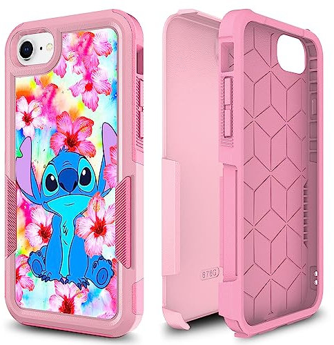 Case Town Kompatibel mit iPhone SE 2020, rosa Blumen, Cartoon-Muster, zweilagig, strapazierfähig, stoßfest, schützende Handyschutzhülle für iPhone 7 und iPhone 8