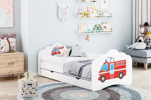 Happy Babies MOBI - Kinderbett 160 x 80 | Kinderbett mit Rausfallschutz & Bettkasten | Jugendbett mit farbigem Aufkleber | Kinderbett mit Matratze 80x160 | Kinder-Bett für Mädchen & Jungen WIESS (M16)