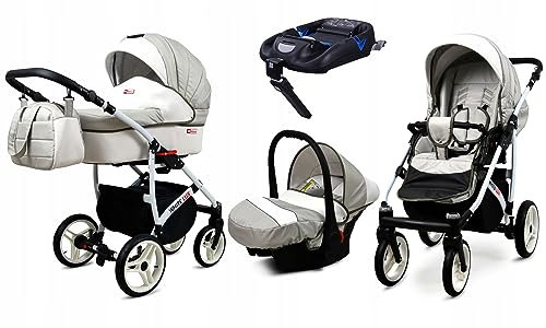 BabyLux® Kinderwagen Set 4 in 1 - White Lux - incl. Babywanne, Buggy Sportsitz, Auto-Babyschale, ISOFIX-Basisstation - Autositz - Kinderwagenset - Kombikinderwagen mit Wickeltasche usw.