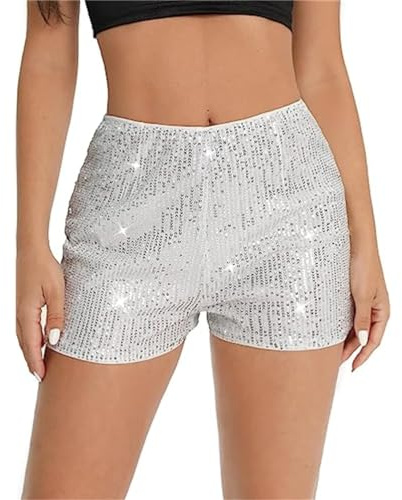 ORANDESIGNE Damen Pailletten Short Glitzer Party Shorts Freizeitshort für Nacht Club Festivals Outfits Glänzend Kurz Hose Tanzshorts High Elastic Hot Pants A Silber XL