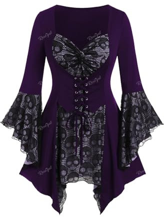 Rosegal Damen-Taschentuch, Übergröße, Gothic, Glockenärmel, Totenkopf-Spitze, Taschentuch, Concord_100, 3X
