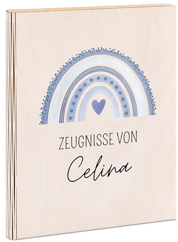 wunderwunsch® - Personalisierte Zeugnismappe aus Holz mit hochwertigem Spezial-Druck - Einschulung Geschenk - Zeugnismappe Jungen & Zeugnismappe Mädchen (Regenbogen blau)