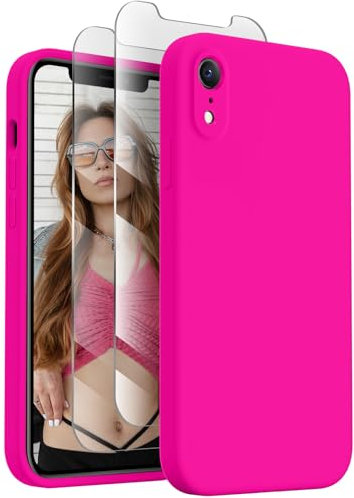 XXDD Designed for iPhone XR Phone Case,[Straight Edges][Camera Protection] Silicone Case with [2X Screen Protectors],Soft Anti-Scratch Microfiber Lining,6.1 inch,Hot Pink
