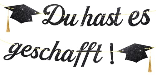 BETESSIN Graduation Deko Glitzer Schwarz - Du hast es geschafft - Girlande mit Absolventenhut Motiv - Abschluss Deko Banner Papier - Hängende Dekoration für Abitur, Bachelor und Master Abschlussfeiern