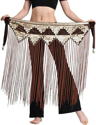 Sexy Funkelnde Pailletten Bauchtanz Hip Rock für Frauen Einstellbare Samt Schal Wickel Karneval Kostüm Gürtel Rock mit Lange Quaste Kaffee