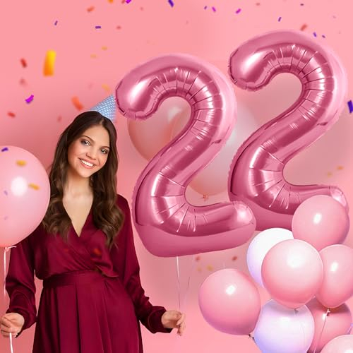 22 Geburtstag Deko zahlen luftballon 22 jahre | Folienballon Rosa - für 22. Geburtstagsdeko Männer Frauen Ballon Zahl Deko zum Geburtstag fliegt mit Helium 22.Geburtstagsparty 40-101cm