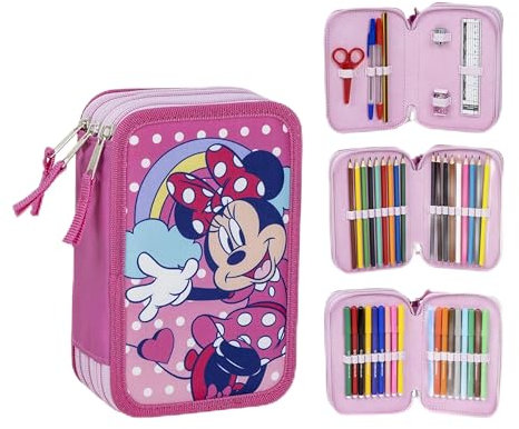 Estuche Escolar Infantil de Minnie Mouse - Color rosa - Cierre de Cremallera - 12,5 x 6,5 x 19,5 cm - Triple Compartimento - Incluye Accesorios - Producto Original Diseñado en España