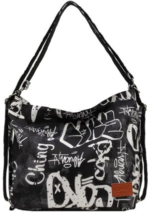 Umwandelbare Graffiti-Leinen-Hobo-Schultertasche/Rucksack für Damen, Reißverschluss, Crossbody-Tasche, Schwarz, Medium