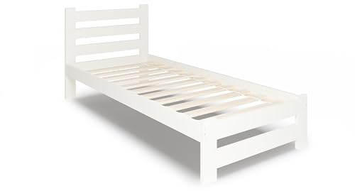 Holzbett 100x200 cm mit Lattenrost Modern Bett Bed Kiefer Massiv Bettgestell Einzelbett Massivholzbett Klassisch | Komfortabel & Langlebig | Skandinavisch Boho Landhaus Kopfteil hoch weiß