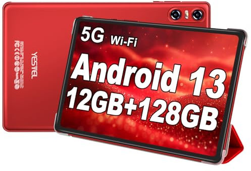 YESTEL Tablet 10 Pollici Android 13 – 12GB RAM + 128GB ROM (Espandibile 1TB), Octa-Core 2.0GHz, 5G Wi-Fi, Bluetooth 5.0, GPS, Dual Fotocamera, Schermo HD, Tablet con Custodia – Rosso