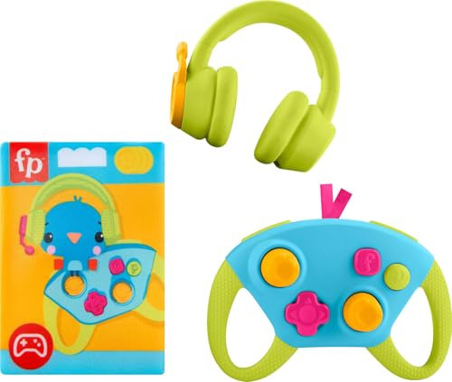Fisher-Price - Set Level-Up Little Gamer, 3 giochi a tema gaming per lo svliuppo della dentizione, controller, cuffie e sonaglino frusciante, giocattolo per bambini, 3+ mesi, HYR57