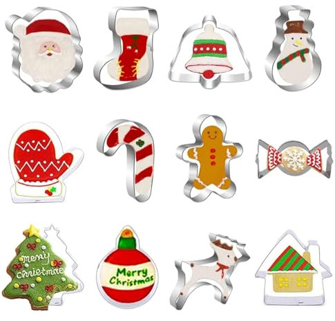 FINEVERNEK 12 piezas Moldes Galletas Navidad, Cortadores de Galletas Navidad, Moldes para Galletas Navidad, Acero Inoxidable Galletas Cortador para Repostería, Fondant, Cookie, Fondant, Chocolates