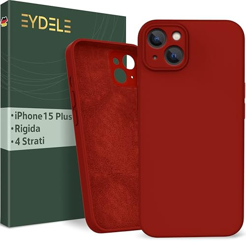 EYDELE Quadrupla Protezione per iPhone 15 Plus - Case Rigido | Fodera in Microfibra | Custodia Silicone Anti Impronta - Cover Rosso fuoco