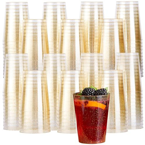 MATANA 150 Vasos de Plástico Duro con Brillo Dorado (285ml / 10oz) - Vasos de Plastico Duro Reutilizable para Bebidas, Cócteles, Postres - Vasos Dorados para Fiestas, Cumpleaños, Bodas
