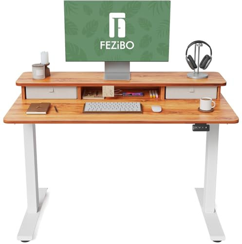 FEZIBO Electric Height Adjustable Standing Desk, 120x60cm, with Double Drawers and Storage Shelf, Light Rustic