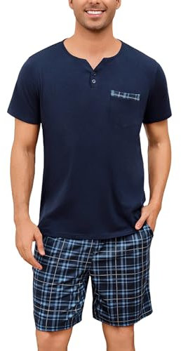 Bresdk Pyjama Shorty Homme Court Pyjama Été Carreaux Shorts Loungewear Chemise de Nuit Bleu M