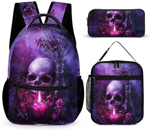 Zelbuck Rucksack Mit Totenkopf-Motiv, Für Jungen Und Mädchen, Wasserdichter, Leichter Schulranzen Set 3-teilig, Langlebig, Coole Schulrucksack (Farbe3,32 * 15 * 43cm)