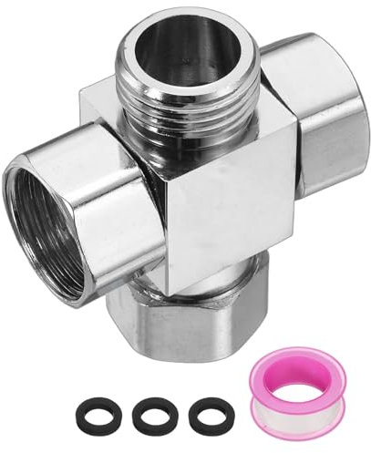 QUARKZMAN Valvola Deviatore Doccia 4 Vie G1/2, Adattatore Bidet Quadrato in Acciaio Inox, Connettore Tubo Raccordo Tee con Nastro PTFE per Valvola Bidet Tubo Rubinetto WC (53mm, Argento)