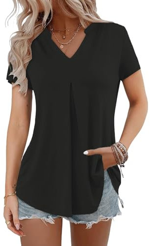 AILLOSA Maglietta da donna estiva con scollo a V, top da donna, elegante, basic camicetta a maniche corte, Nero , M
