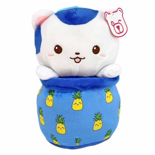 BEMIRO Katzen Kuscheltier im Bubble Tea – 25 cm – Kawaii Style mit gesticktem Gesicht & Schlaufe zum Anhängen (Blau)