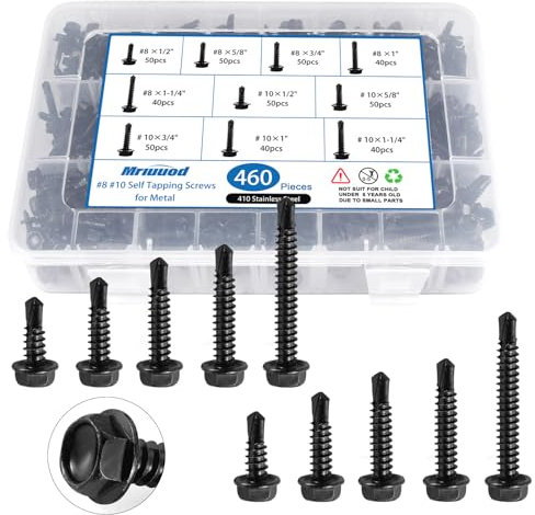 Kit assortito di 460 viti autoperforanti nere, viti autofilettanti in acciaio inossidabile 410, viti autofilettanti a testa esagonale, lunghezza da 1/2 a 1-1/4 (nero)