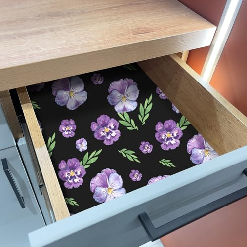VaryFloral Black Peel and Stick Wallpaper 30.5cm x 300cm Floral Violet Pansy Contact Paper Green Leaf Watercolor Removable Vinyl Wrap for Furniture Cabinet