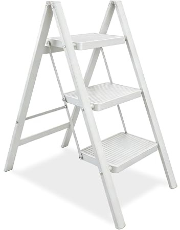 Scaletta Pieghevole 3 Gradini, Portatile e Leggera Sgabello Stabile Leggero con Pedali Antiscivolo per Casa, Cucina, Bagno, Campeggio, Portatile fino a 150 kg (Bianco)