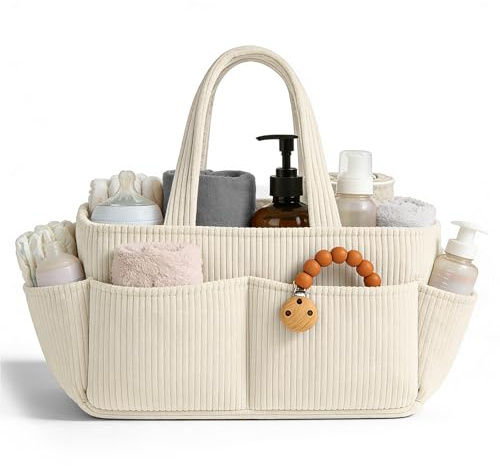 Indrnif Wickelkorb Cord für Wickeltisch,Baby Windel Caddy Organizer mit Wechselbaren Fächern,Stilvoller Aufbewahrungskorb für Kinderzimmer,Baby Geschenk für Wickeltisch und Wickeltasche (Cremeweiß)