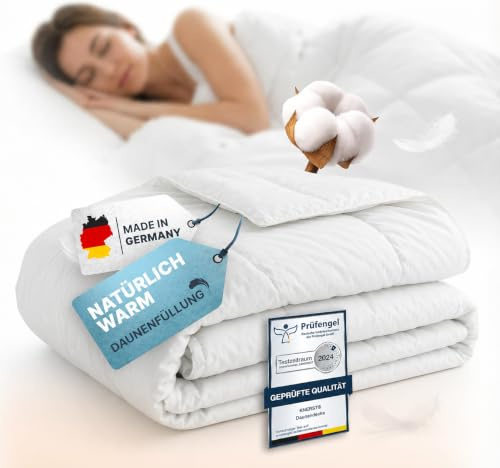 KNERST Sommer Federbettdecke 260×240, Made in Germany, leicht | 90% Federn & 10% Daunen, 100% Baumwoll Bezug, Feder Bettdecke, atmungsaktiv, waschbar, Kassettendecke, leicht