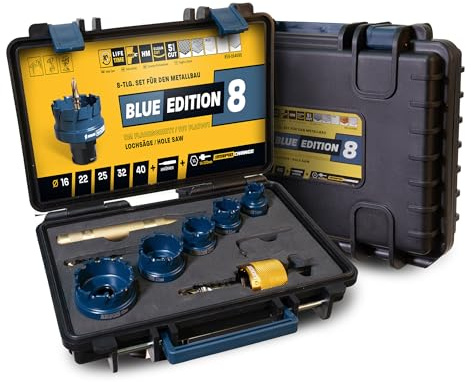 HM Flachschnitt Rapid Change Lochsägen Set Amboss Werkzeuge 16/22/25/32/40 mm - BLUE EDITION mit Schnellwechselaufnahme & Automatik-Ankörner - für Stahl, Edelstahl, Schaltschrankbau